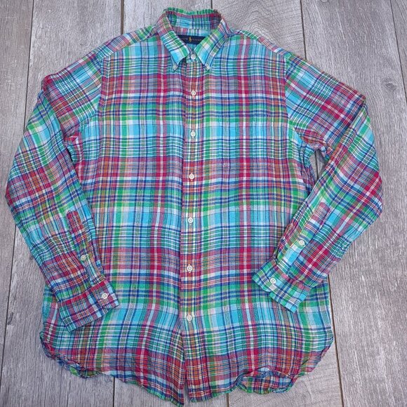 Polo Ralph Lauren Shirt Mens Medium Blue Linen Long Sleeve Button Up Plaid Top - Picture 2 of 7
